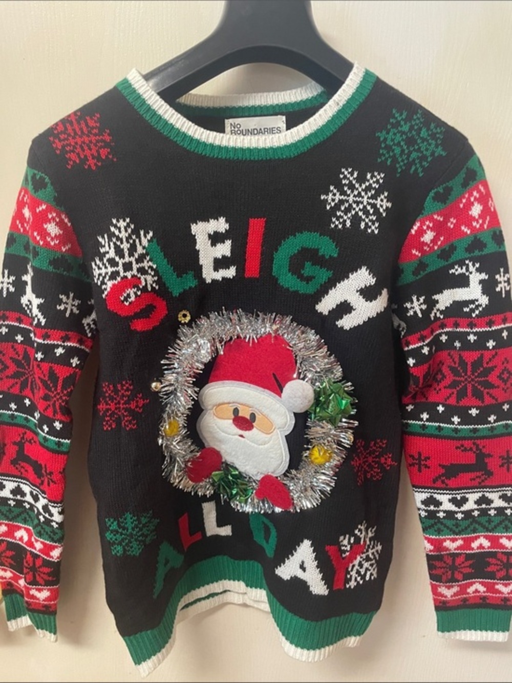 No Boundaries Black Christmas Sweater with Santa Wreath